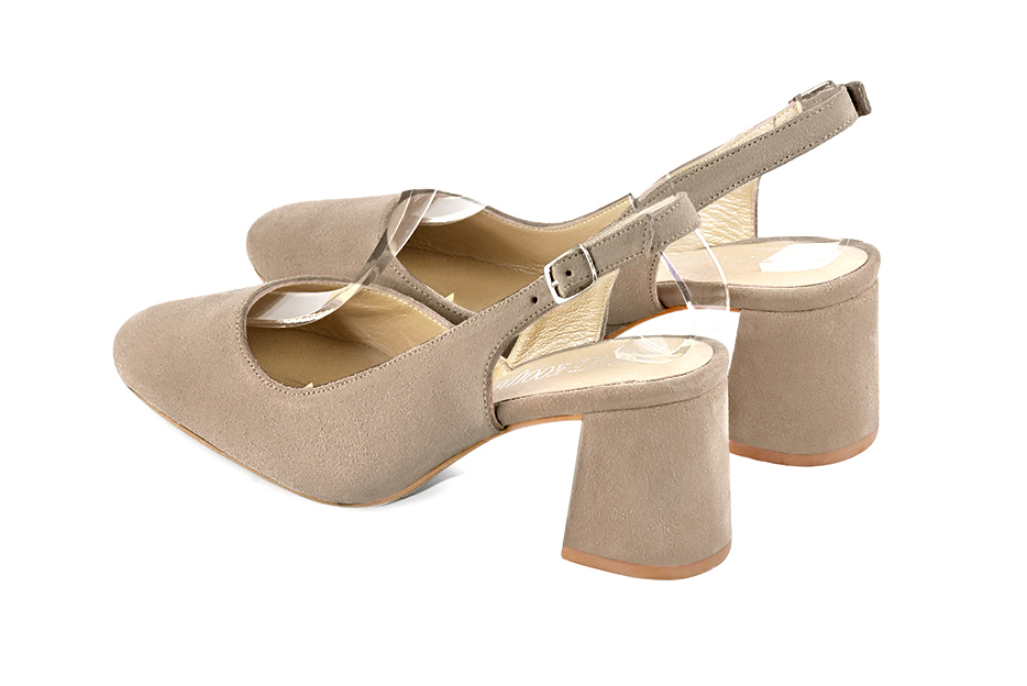 Women's sand beige slingback dress shoes. Round toe. Medium flare heels - Rear view